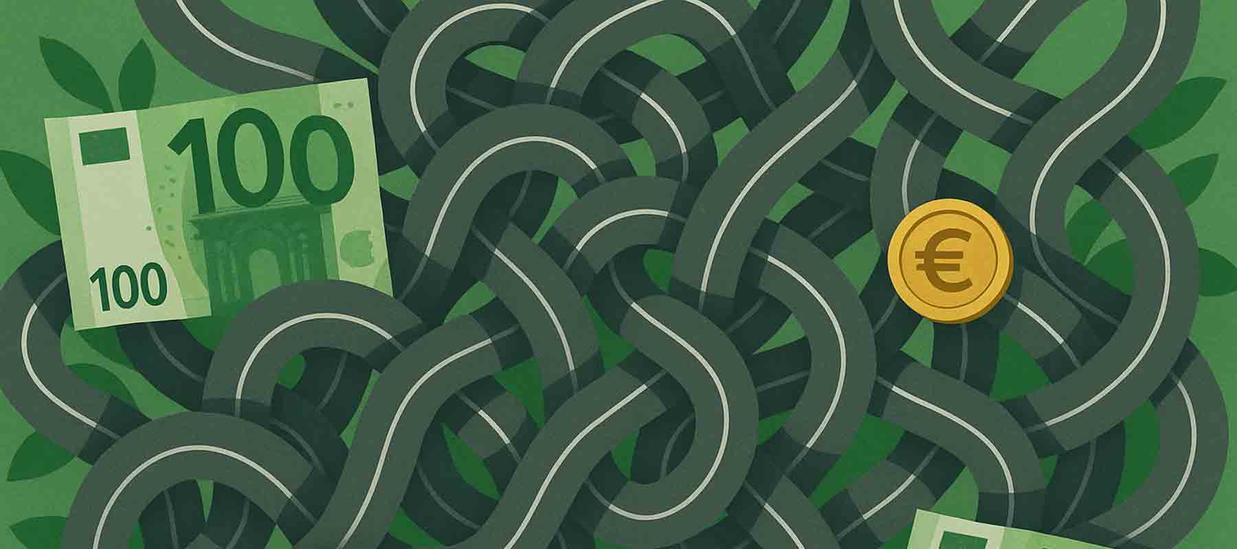 Straßendschungel mit 100 Euroscheinen und Euromünzen